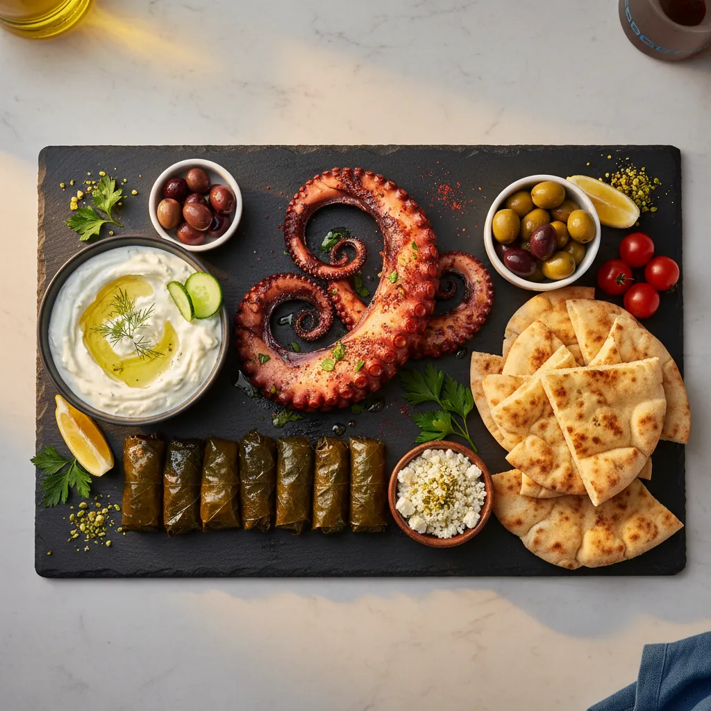Verse Griekse mezze met tzatziki, dolmades en gegrilde octopus